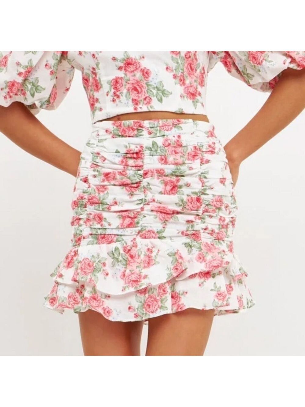 Endless Rose Revolve Linen Ruched Draped Ruffle Hem Mini Skirt - Picture 5 of 16